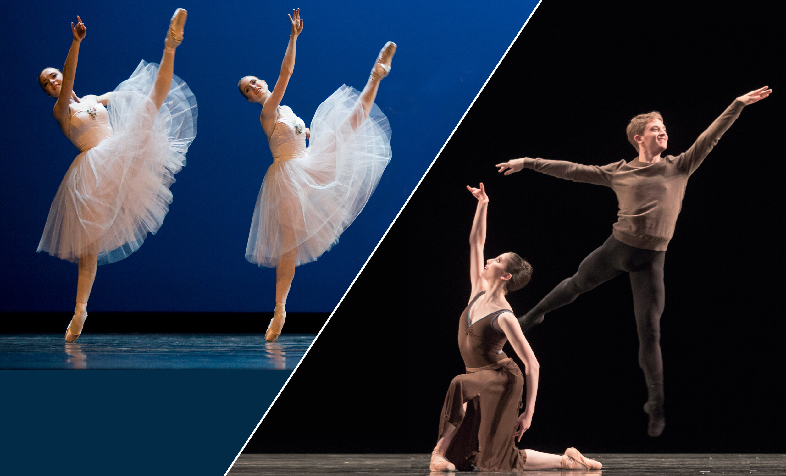 Eine Collage aus drei Tanzszenen illustriert die Bandbreite des Elevenprogramms des Semperoper Ballett.